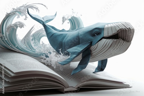 Origami Whale Emerging from Open Book with Ocean Waves , Creative Illustration for Print, Card, Poster Design photo