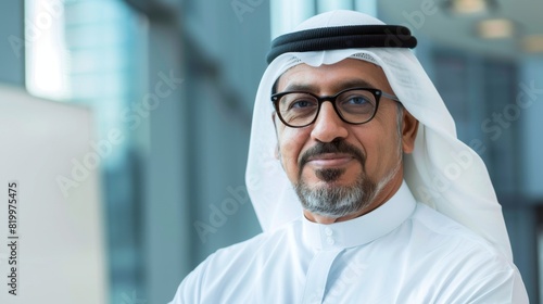 Middle-aged man with a white kufi and glasses wearing a white agal and thobe standing in a modern building with a slight smile. photo