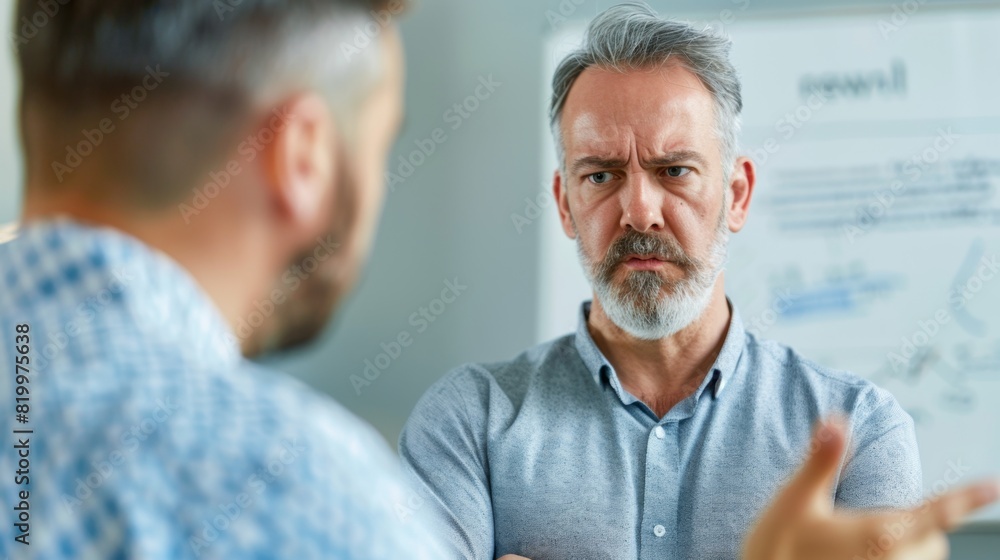 Two men in a meeting one gestu ring with a serious expression the other listening intently in a professional setting with a whiteboard in the background. Two men in a meeting one gestu ring with a serious expression the other listening intently in a professional setting with a whiteboard in the background.