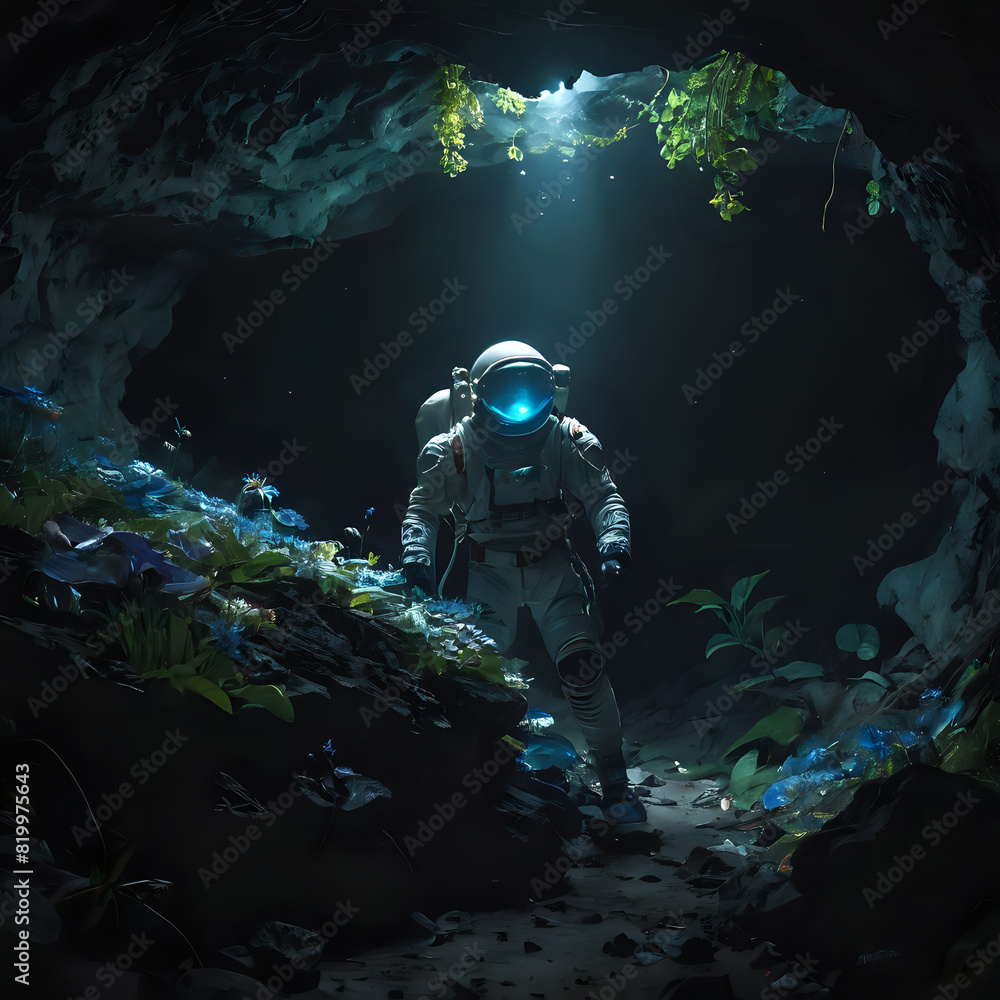 a astronaut in a cave with a bright light coming out of it a astronaut in a cave with a bright light coming out of it