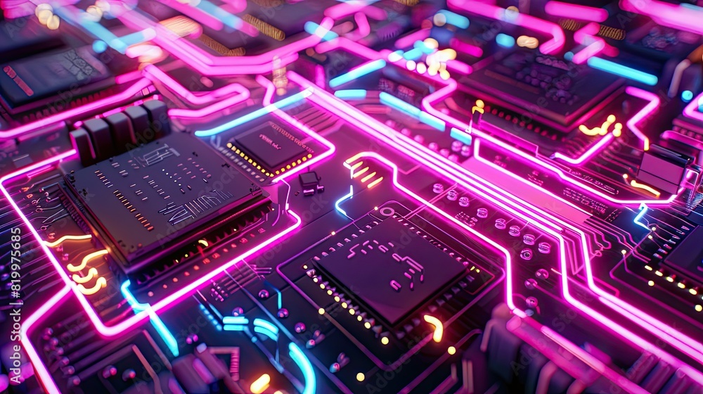 Cybernetic chips with neon traces Cybernetic chips with neon traces