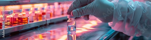 A scientist is seen handling a vial in a laboratory while wearing protective gloves, ensuring a sterile environment for research and experimentation in the field of biotechnology and pharmaceuticals