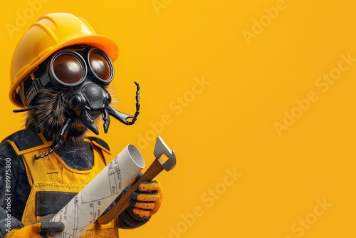 A beetle in construction gear, holding a hammer and blueprint against a solid orange background with copy space