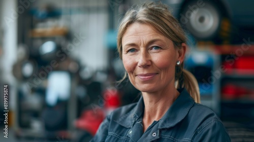 A smiling woman with blonde hair wearing a dark blue work shirt standing in a garage with blurred background of tools and equipment.