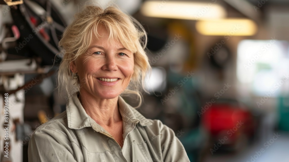 Smiling woman with blonde hair wearing a light-colored shirt standing in a workshop with blurred background.