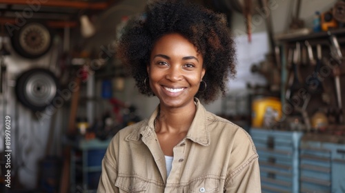 A woman with curly hair smiling in a workshop filled with tools and equipment.