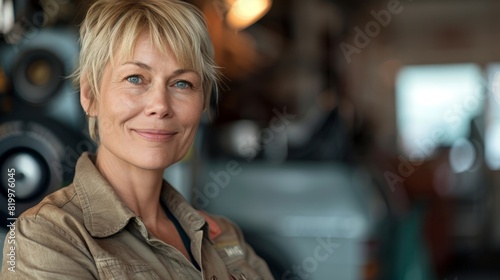 A woman with short blonde hair wearing a brown jacket smiling at the camera with a warm and inviting expression set against a blurred background photo