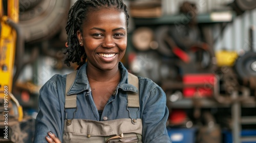 Smiling woman in blue denim overalls standing in a workshop with various tools and equipment in the background.