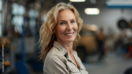 Smiling woman with blonde hair wearing a light-colored shirt standing in a workshop with blurred background.