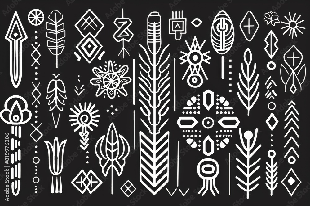Fototapeta premium A black and white illustration of a variety of native art, white line drawing