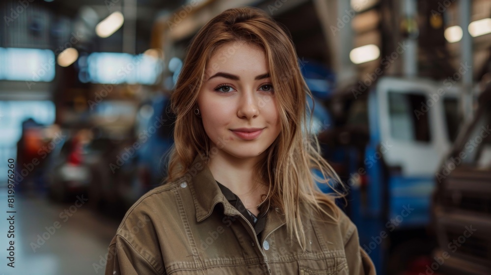 Young woman with a radiant smile standing confidently in a workshop filled with vehicles exuding a sense of joy and pride.