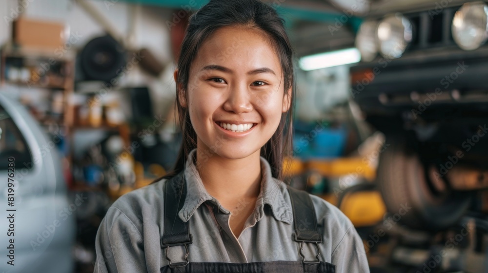 Young woman in mechanic's uniform smiling standing in a workshop with blurred cars and tools in the background. Young woman in mechanic's uniform smiling standing in a workshop with blurred cars and tools in the background.