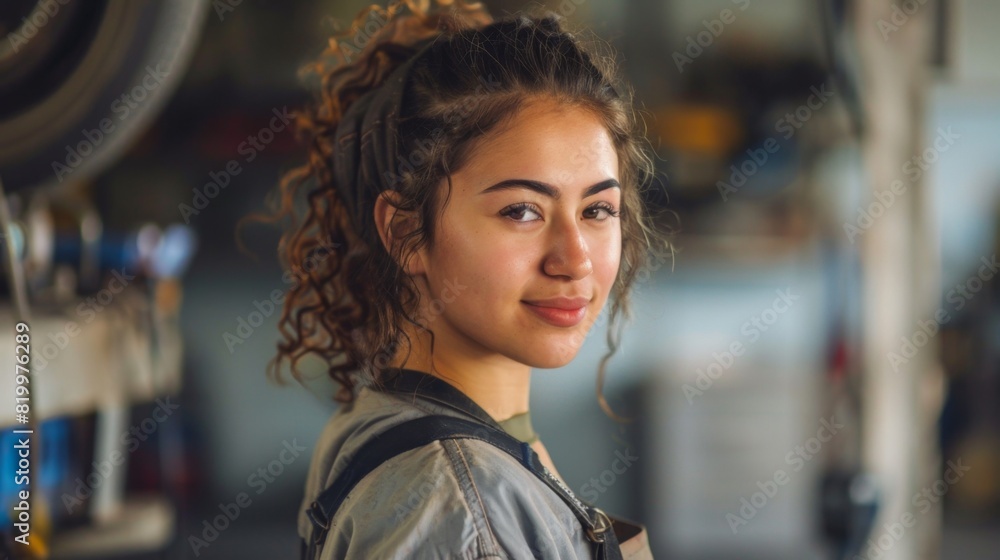 Fototapeta premium Young woman with curly hair wearing a gray jacket smiling and looking to the side in a workshop setting.