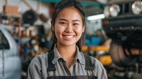 Young woman in mechanic's uniform smiling standing in a workshop with blurred cars and tools in the background.