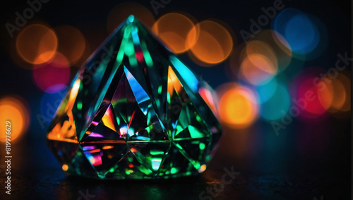 Crystal prism refracting RGB light on dark surface. © xKas