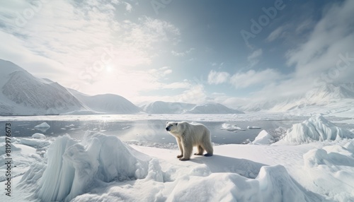 Polar bears walks in extreme winter weather  standing above snow with a view of the frost mountains