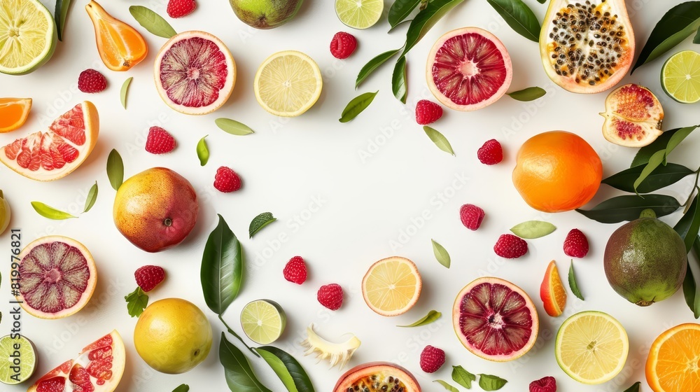 A creative composition featuring a diverse selection of sliced and whole fruits arranged around a white background with ample copy space in the center The fruits are presented in a A creative composition featuring a diverse selection of sliced and whole fruits arranged around a white background with ample copy space in the center The fruits are presented in a