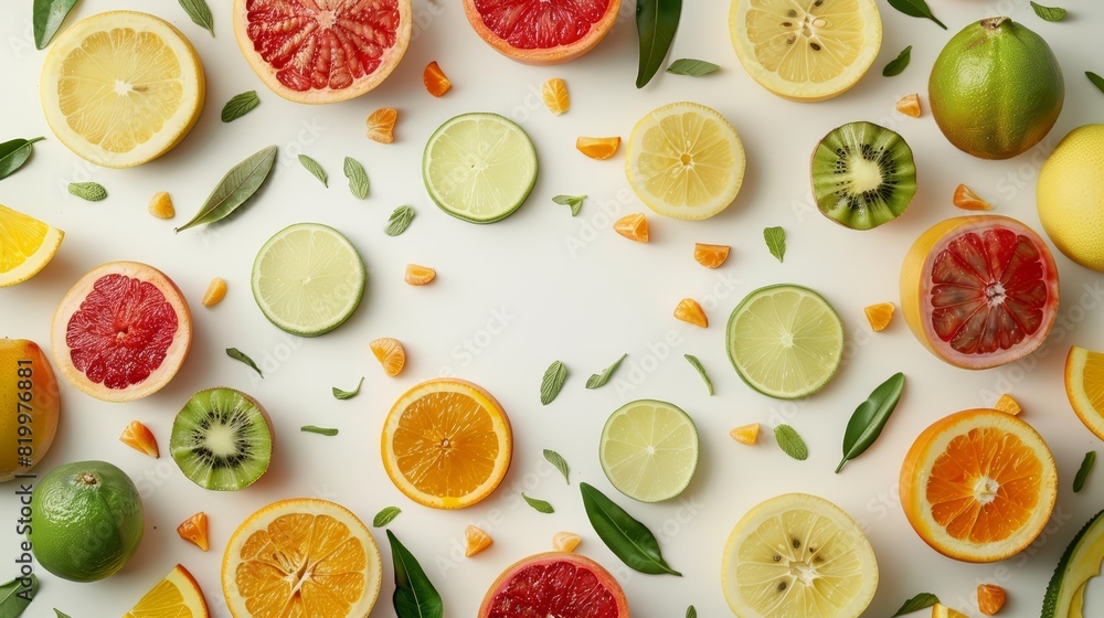 A creative composition featuring a diverse selection of sliced and whole fruits arranged around a white background with ample copy space in the center The fruits are presented in a A creative composition featuring a diverse selection of sliced and whole fruits arranged around a white background with ample copy space in the center The fruits are presented in a
