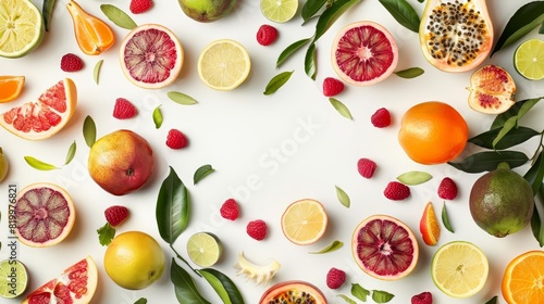 A creative composition featuring a diverse selection of sliced and whole fruits arranged around a white background with ample copy space in the center The fruits are presented in a