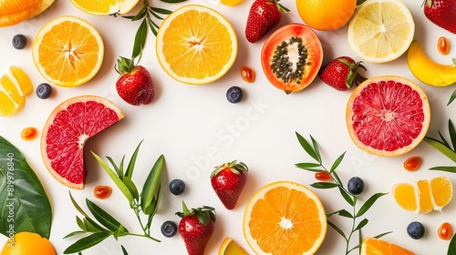 A creative composition featuring a diverse selection of sliced and whole fruits arranged around a white background with ample copy space in the center The fruits are presented in a