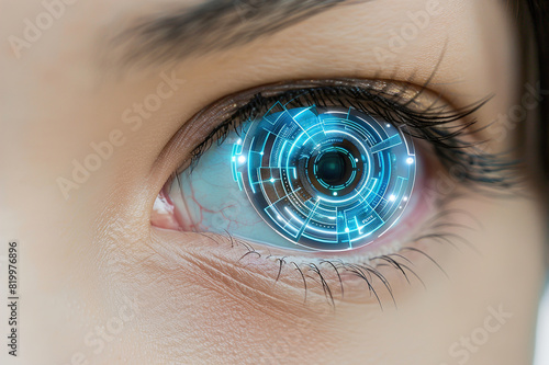 A close-up of a person's eye wearing smart contact lenses with embedded microchips.