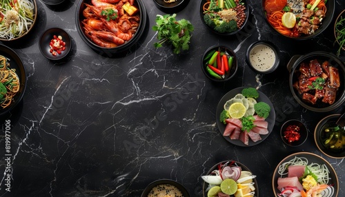 A creative scene featuring a top view of a diverse selection of fusion Asian dishes arranged around a black marble surface