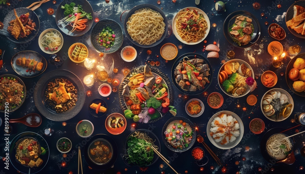 A fantastical top view of an array of Asian dishes arranged around a dark A fantastical top view of an array of Asian dishes arranged around a dark