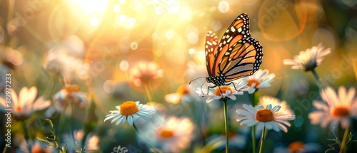A beautiful butterfly perched on a daisy in a lush meadow photo