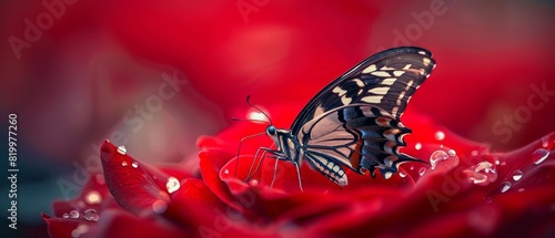A beautiful butterfly resting on a red rose petal photo