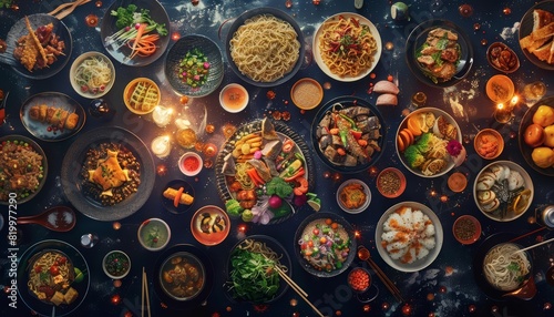 A fantastical top view of an array of Asian dishes arranged around a dark photo