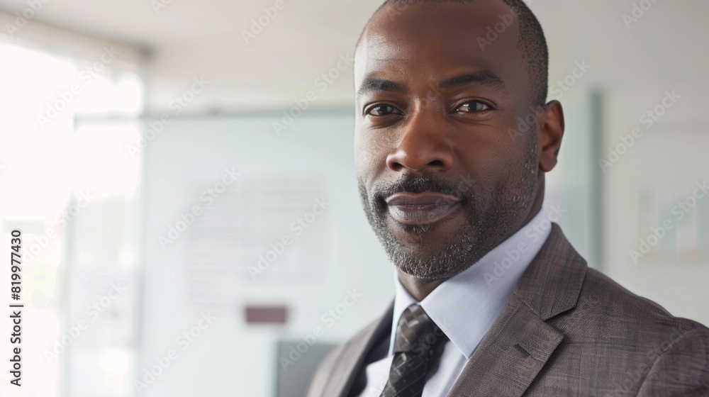 Fototapeta premium A man with a beard and mustache wearing a suit and tie standing in an office with a window in the background.