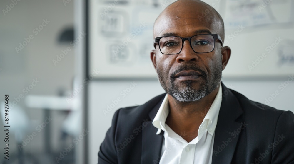 A bald man with a beard and glasses wearing a black suit and white shirt sitting in an office with a whiteboard in the background. A bald man with a beard and glasses wearing a black suit and white shirt sitting in an office with a whiteboard in the background.