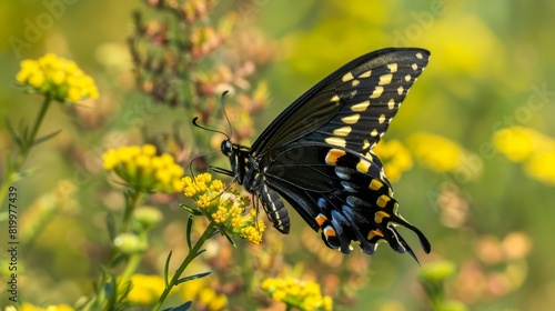 A butterfly with intricate wings captured midflight over a wildflower photo