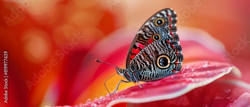 A delicate butterfly with intricate designs on its wings resting on a petal photo