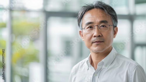 Asian man with glasses wearing a white shirt standing in front of a glass wall with blurred greenery in the background exuding a professional and thoughtful demeanor.