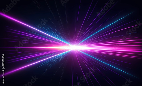 Bright glowing neon light rays on a black abstract background. AI-generated image