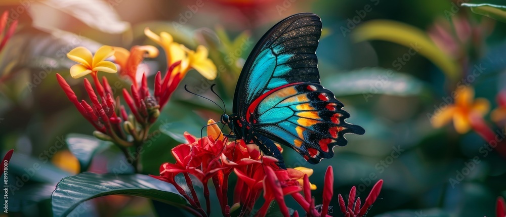 A butterfly with vivid colors sitting on a red flower in nature A butterfly with vivid colors sitting on a red flower in nature