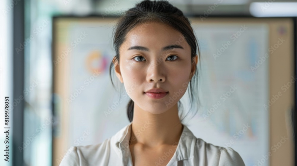 Asian woman with a neutral expression wearing a white blouse standing in front of a whiteboard with colorful diagrams.