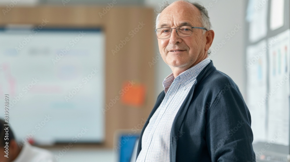 Older man with glasses wearing blue jacket and plaid shirt standing in front of whiteboard with writing in office setting. Older man with glasses wearing blue jacket and plaid shirt standing in front of whiteboard with writing in office setting.