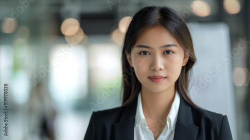 Young Asian woman with dark hair and a professional appearance wearing a black blazer and a white shirt standing in a modern office setting with blurred lights in the background. Free Download Young Asian woman with dark hair and a professional appearance wearing a black blazer and a white shirt standing in a modern office setting with blurred lights in the background. - GFXLoad