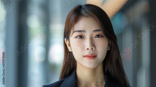 A young woman with a neutral expression wearing a dark blazer with her hair neatly styled and her makeup done in a natural look set against a blurred background that suggests an urban setting.