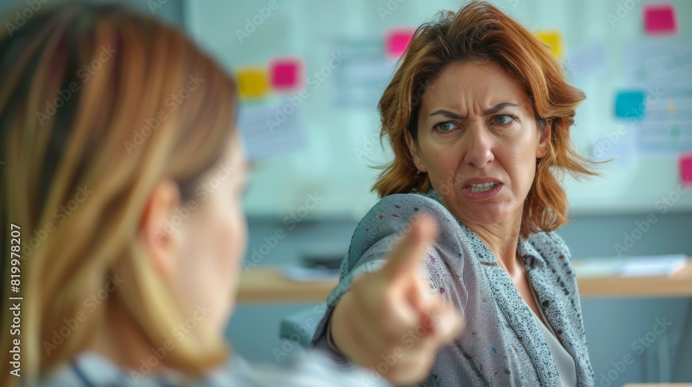 A woman with a stern expression pointing her finger at someone in a professional setting with a whiteboard and sticky notes in the background.