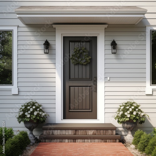 Residential home, vintage entrance wood solid door with the windows on sides and overhead. High quality photo