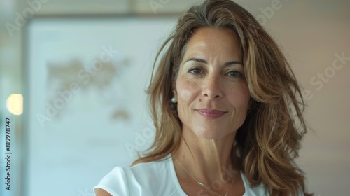 A woman with long wavy brown hair wearing a white blouse smiling gently with a subtle warm expression standing in front of a blurred background that suggests an indoor setting.