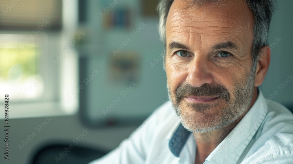 A man with a beard and mustache wearing a white shirt sitting in an office with a window in the background looking directly at the camera with a slight smile. A man with a beard and mustache wearing a white shirt sitting in an office with a window in the background looking directly at the camera with a slight smile.