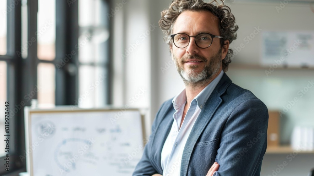 A man with curly hair and glasses wearing a blue blazer standing confidently in front of a whiteboard with diagrams and text in a brightly lit office space. A man with curly hair and glasses wearing a blue blazer standing confidently in front of a whiteboard with diagrams and text in a brightly lit office space.