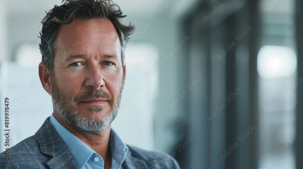 Fototapeta premium A man with a beard and gray hair wearing a blue shirt and a gray blazer standing in an office with a blurred background.