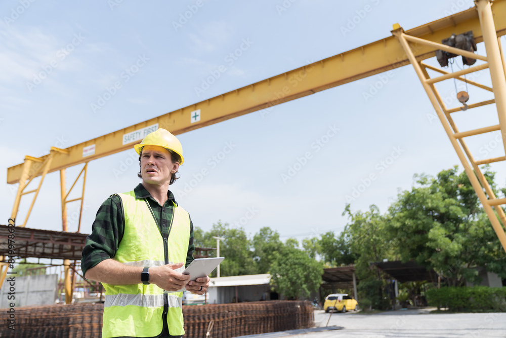 Team of male engineer construction working and inspecting structure of building at construction site. Two male construction builder working at construction site Team of male engineer construction working and inspecting structure of building at construction site. Two male construction builder working at construction site