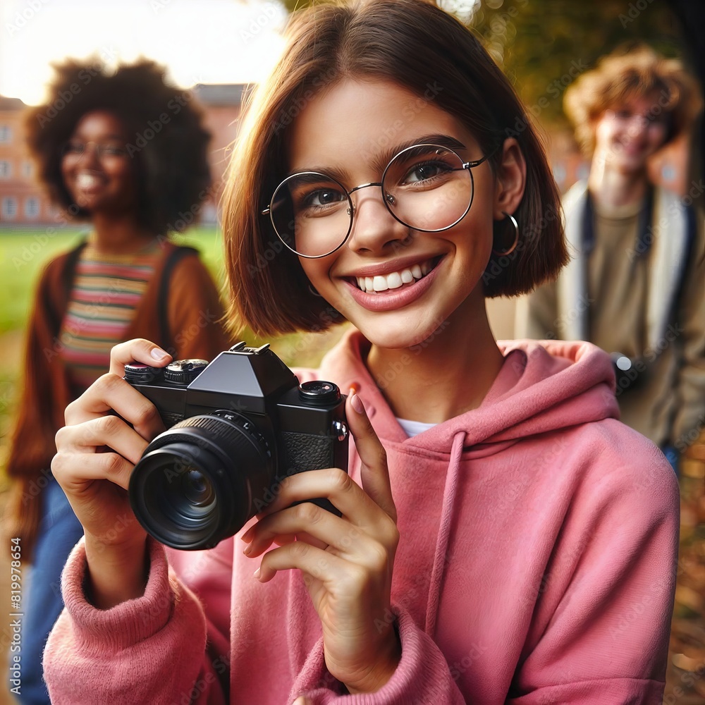 A young girl wearing glasses and a pink sweatshirt holds a camera. A young girl wearing glasses and a pink sweatshirt holds a camera.