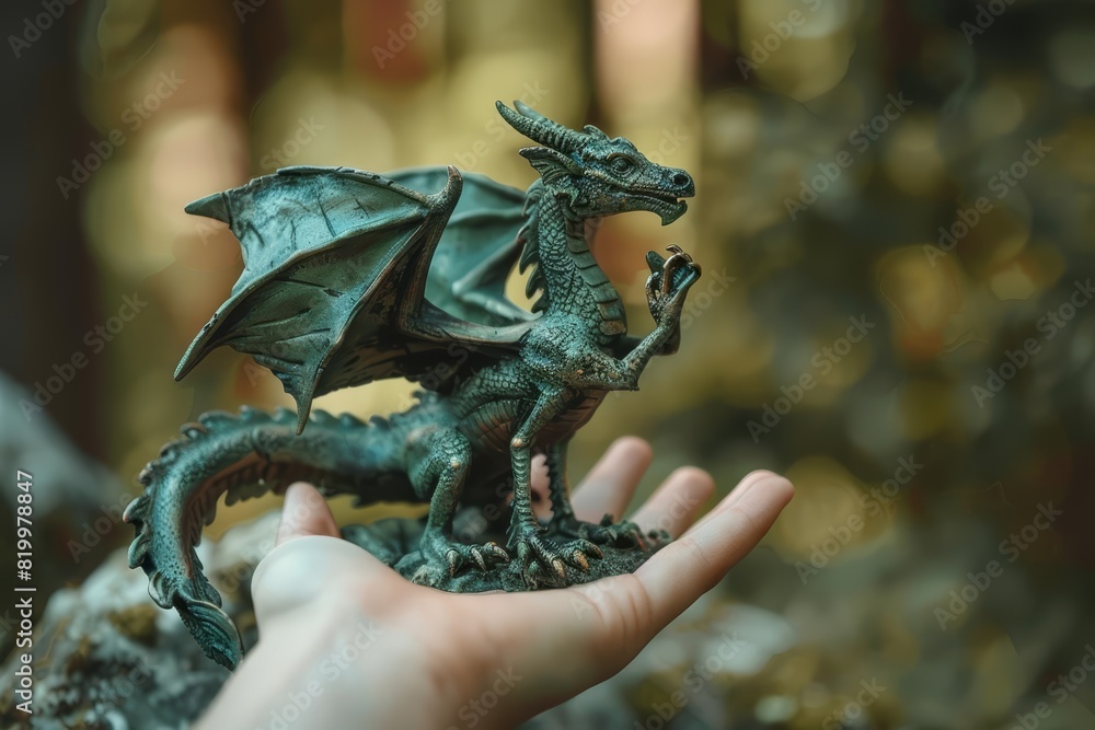 Fototapeta premium A human hand holding a dragon figurine with an ancient mystical forest background, evoking a sense of wonder with a blurred backdrop